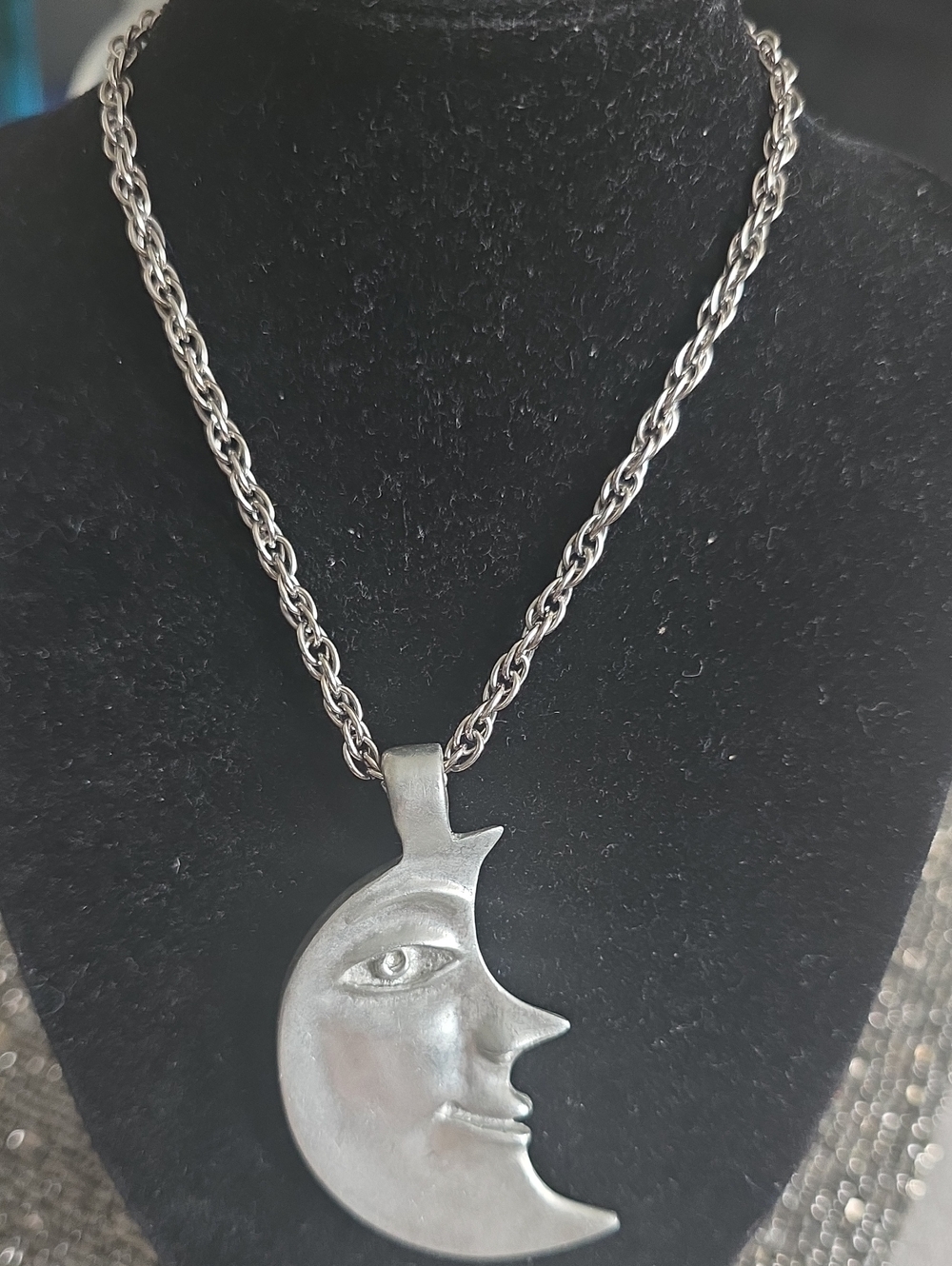 Vintage Silver Moon Face Pendant Necklace